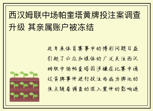 西汉姆联中场帕奎塔黄牌投注案调查升级 其亲属账户被冻结